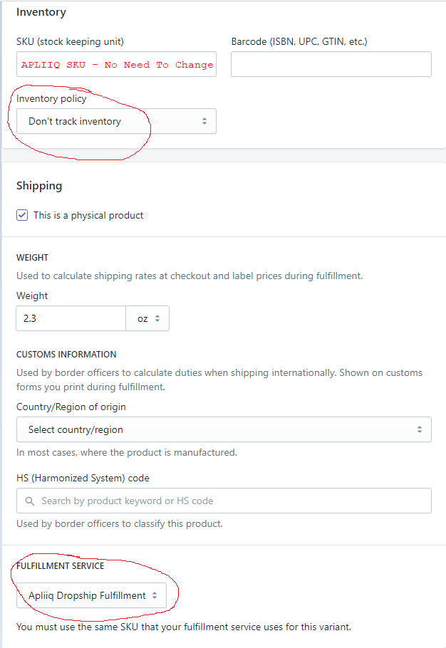 variant settings for proper tracking and fulfillment